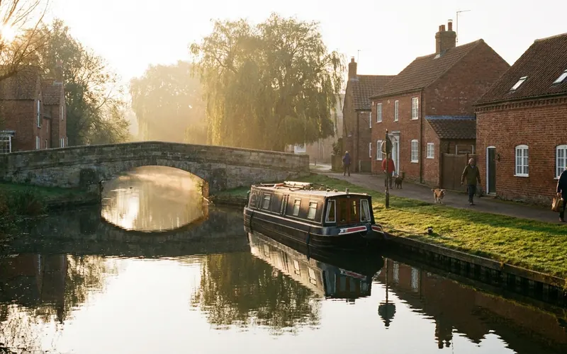 A narrowboat moored on a calm canal in a historic English village during golden hour sunrise.