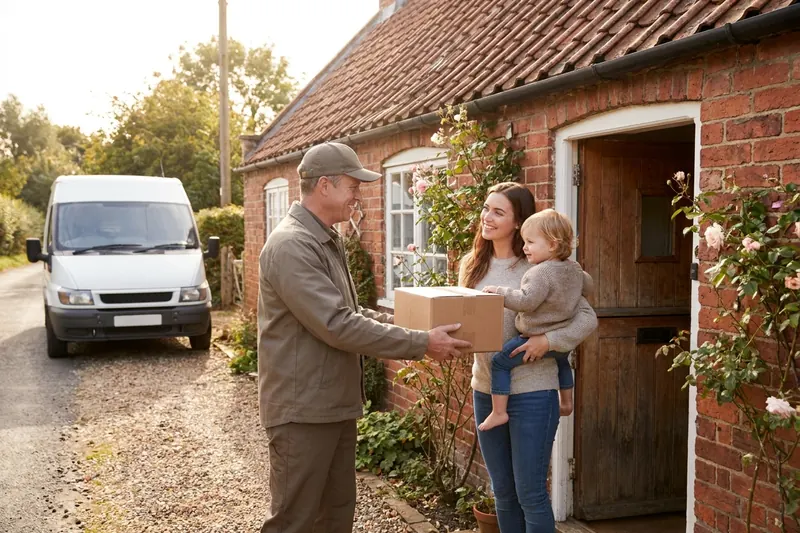 A delivery driver hands a package to a mother holding her toddler at the front door of a brick cottage with a delivery van parked nearby.