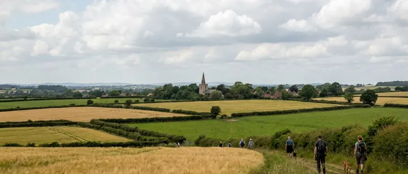 A group of people and dogs walking along a dirt path through golden and green fields towards a distant village church.